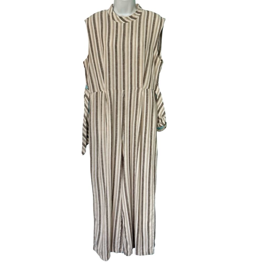 Calvin Klein White Beige Mock Neck Pinstripe Linen Blend Cropped Jumpsuit sz 12 - Picture 12 of 16